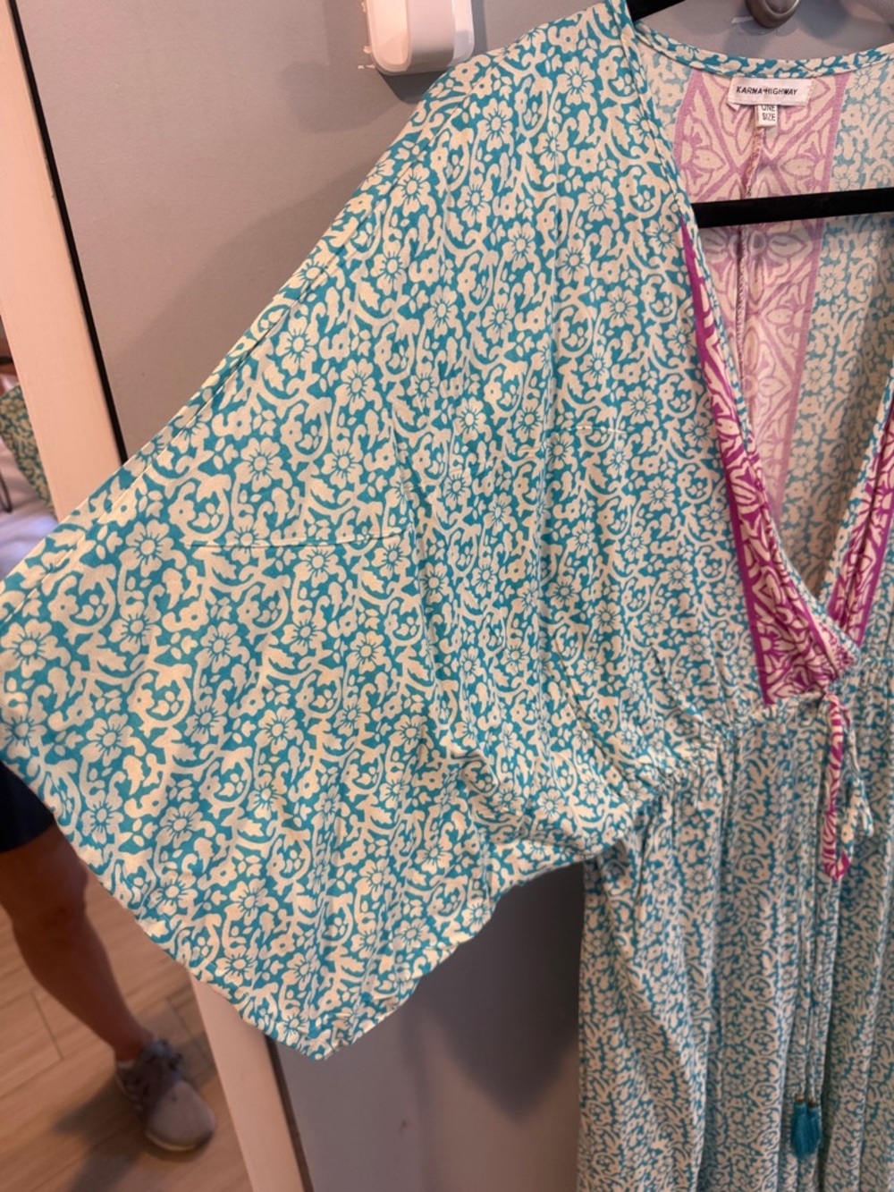 Floral Teal Maxi Dress with Pink Trim and Tie Waist - Picture 8 of 9